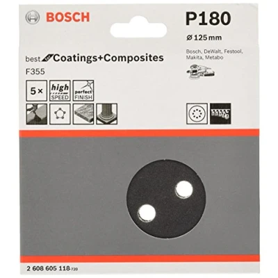 Abbildung von Bosch 5x PRO Plastic and Hard Stone F355 Schleifscheibe (für Beton, Harter Stein, Ø mm, Körnung 180, Professional Zubehör Exzenterschleifer)