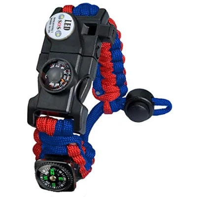Abbildung von Paracord Survival Armband Kit für Herren Damen, mit Feuerstein + Kompass Thermome (Rot und Blau)