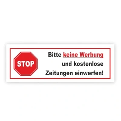 Abbildung von Aufkleber Stop Bitte keine Werbung und kostenlose Zeitung einwerfen! I 10 x 3,5 cm Gegen Reklame im Briefkasten wetterfest hin_469