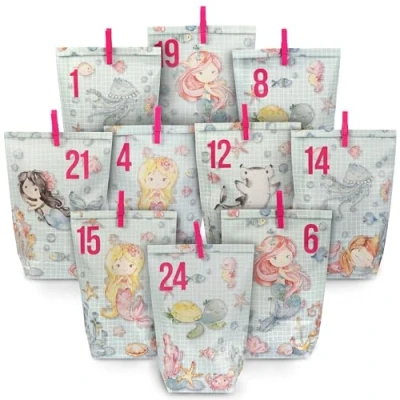 Abbildung von Papierdrachen Extravaganter Adventskalender zum Befüllen mit 24 türkis bedruckten Geschenktüten und Zahlenaufklebern Motiv Meerjungfrau Basteln Verschenken Weihnachten &amp; Advent