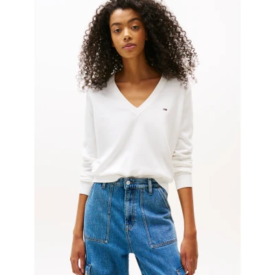 Abbildung von Tommy Jeans Essential Vneck Sweater Strickpullover, Damen, Größe: Medium, Ecru