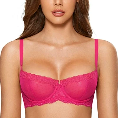 Abbildung von DOBREVA Balconette BH Damen mit Bügel Push Up Dirndl Spitze BHS Sexy Grosse Grössen Ungefüttert Helle Rose 85C