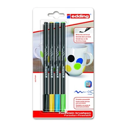 Abbildung von edding 4200 Porzellanpinselstift schwarz, gelb, blau, grün 4 Stifte Pinselspitze 1 mm Filzstift für Keramik, Porzellan spülmaschinenfest, lichtechte Tinte, schnell trocknend