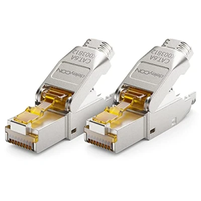 Abbildung von deleyCON 2x CAT 6a Netzwerkstecker RJ45 Werkzeuglos Geschirmt 10 Gbit/s Netzwerk Stecker für Starre Verlegekabel Rohkabel Steckverbinder Ethernet LAN DSL Patchkabel