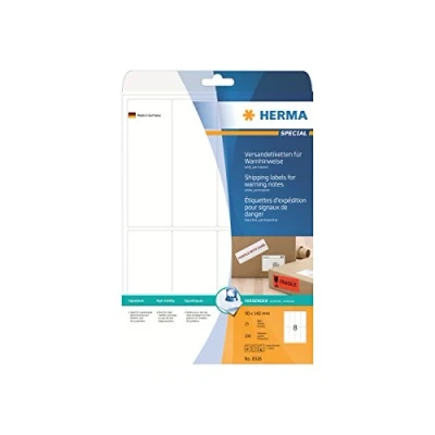 Abbildung von HERMA 8326 Warnhinweis Aufkleber, 25 Blatt, 50 x 142 mm, 8 pro A4 Bogen, 200 Stück, selbstklebend, bedruckbar, matt, blanko Papier Versandaufkleber Etiketten, weiß