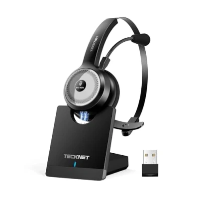 Abbildung von TECKNET Bluetooth PC Headset mit Mikrofon &amp; USB Dongle [45 Std Anrufzeit 10M Reichweite] kabelloses Ladestation, Wireless AI Rauschunterdrückung für Business,Büro,HomeOffice