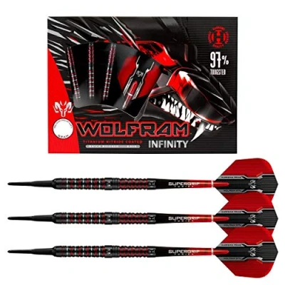 Abbildung von Harrows Wolfram Infinity 97% Tungsten Darts Dartset mit weicher Spitze 18g und 20g Enthält Supergrip Fusion Shafts 100 Micron Prime Flights