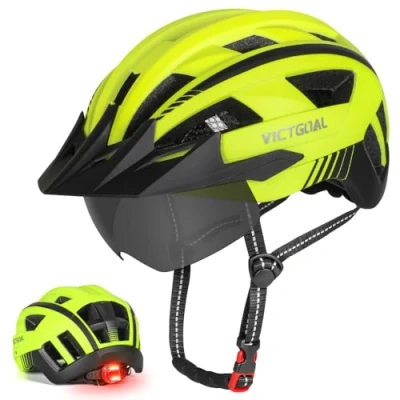 Abbildung von VICTGOAL Fahrradhelm MTB Mountainbike Helm mit magnetischem Visier Abnehmbarer Sonnenschutzkappe und LED Rücklicht Radhelm Rennradhelm für Erwachsenen Herren Damen (M: 54 58cm, Yellow)