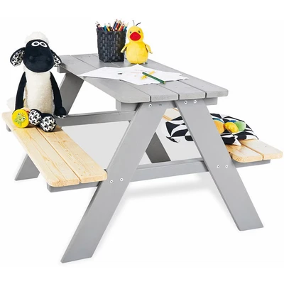 Abbildung von Pinolino Kindersitzgarnitur Nicki für 4, aus massivem Holz, 2 Bänke mit 1 Tisch, empfohlen Kinder ab Jahren, grau
