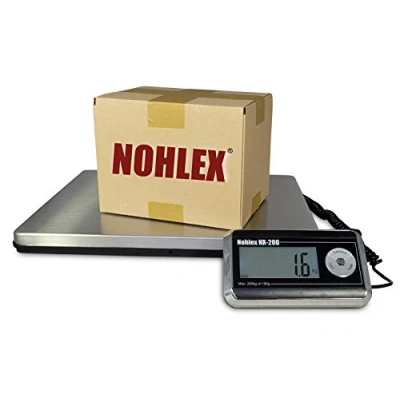 Abbildung von Nohlex Paketwaage 200kg/100g. Robuste Plattformwaage, professionelle Qualität mit Edelstahl Wägeplatte 40x31cm inklusive Netzteil. Beleuchtetes Display, Tara Funktion