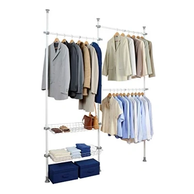 Abbildung von WENKO Teleskop System Herkules Duo, individuell verstellbares Ordnungssystem mit 3 Kleiderstangen und 2 Ablagekörben, für den begehbaren Kleiderschrank, 164 215 x 165 300 38 cm, aus Metall in Weiß
