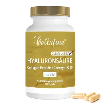 Abbildung von Cellufine® HyaVita Hyaluronsäure 120 Kapseln mit Collagen Peptiden und Coenzym Q10 hochdosiert, hochmolekular, glutenfrei I natürlich &amp; ohne Konservierungsstoffe
