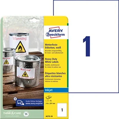 Abbildung von AVERY Zweckform J4775 10 Wetterfeste Folienetiketten (210x297 mm auf DIN A4, Inkjet, extrem stark selbstklebend, bedruckbare Outdoor Klebefolie) Aufkleber Blatt weiß, Stück, 210 x 297