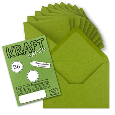 Abbildung von 25x Vintage Briefumschläge in hellgrün (grün) DIN B6 125 x 178 mm Kraftpapier 120 g/m² Recycling Nassklebung Spitzklappe UmWelt by GUSTAV NEUSER