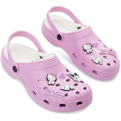 Abbildung von Hello Kitty Damen Clogs mit Plüsch Fleecefutter &amp; abnehmbaren Charms, ideal als Gartenclogs oder Hausschuhe (Rosa, 35/36 EU)