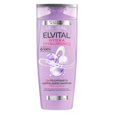 Abbildung von L&#039;Oréal Paris Elvital Hydra Hyaluronic feuchtigkeitsspendendes Shampoo für glänzendes Haar, Hyaluron einen Feuchtigkeitsboost, Glanz &amp; Schutz, langanhaltende Feuchtigkeit und Pflege, 300ml