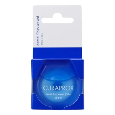 Abbildung von Curaprox Zahnseide DF 834, dental floss waxed, Curen Mikrofaser, gewachst mit Minzgeschnack für enge Zwischenräume, weiss, 50 m