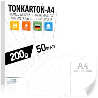 Abbildung von 50 Blatt PAPIER 200g/m² Weiß Matt, PREMIUM Reinweiß DIN A4 21 x 29,7 cm Druckerpapier unbedruckt Digitaldruckpapier, Laserdrucker &amp; Tintenstrahl Fotopapier Beidseitig bedruckbar TONKARTON