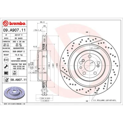 Abbildung von BREMBO 09.A907.11 Bremsscheibe 360 26 5 gelocht/innenbel., geschlitzt beschichtet hochgekohlt mit Schrauben