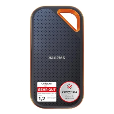 Abbildung von SanDisk Extreme PRO Portable SSD 1 TB (externe SSD, NVMe Performance, 2,5 Zoll, 2.000 MB/s Lesen und Schreiben, AES Verschlüsselung, IP65 Wasser Staubschutz) grau