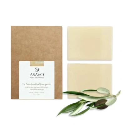Abbildung von ASAVO Premium Olivenölseife, handgemachte BIO Seife mit extra nativem Olivenöl, 100% Naturseife, Olivenseife ohne Parfümzusatz, vegan, 2x95g
