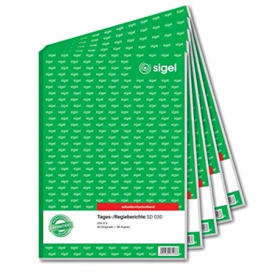 Abbildung von SIGEL SD030/5 Tagesbericht / Regiebericht A4, 2x40 Blatt, selbstdurchschreibend, 5er Pack, mikroperforiert, mit Abheftlochung, aus nachhaltigem Papier