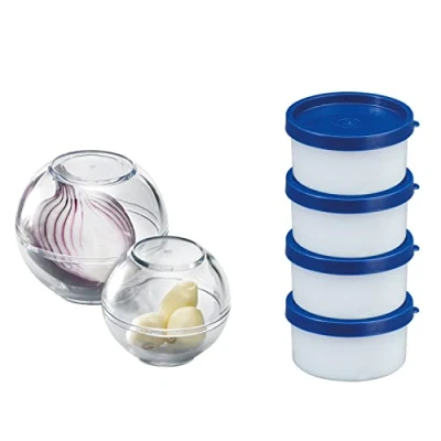 Abbildung von Westmark Set 6 tlg.: 2 Frischhaltekugeln ø 7cm/ø 9cm + 4 Kräuterdosen je 100 ml, stapelbar, Kunststoff, BPA frei, Blau/Transparent, 257222E6