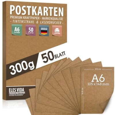 Abbildung von Blanko Postkarten Kraftpapier zum Selbstgestalten DIN A6 Set 300g 10,5 x 14,8 cm Naturkarton Pappe Blätter aus Kraftkarton Drucken, Kartonpapier Basteln für Hochzeit Geschenke Etiketten 50 Stk