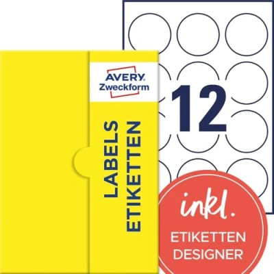 Abbildung von AVERY Zweckform P3416 25 runde Etiketten (300 Klebepunkte, Ø60mm auf A4, Aufkleber zum Bedrucken, selbstklebende Produktetiketten, permanent haftende Marmeladenetiketten) Blatt, weiß
