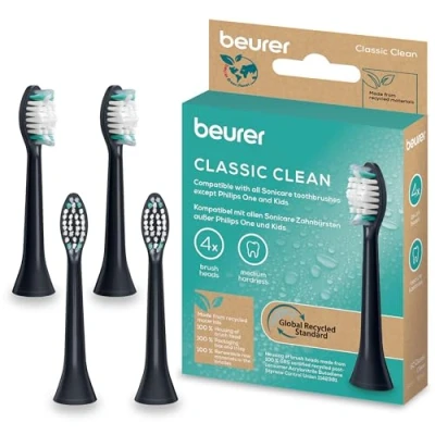 Abbildung von Beurer SC Classic Clean Bürstenköpfe für elektrische Zahnbürste, 4 Ersatzbürsten Philips Sonicare Schallzahnbürsten, W förmige Indikatorborsten, Härtegrad Mittel