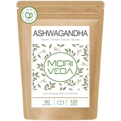 Abbildung von Ashwagandha Kapseln 1200mg 100% Wurzelpulver 60 Tage Vorrat Die Schlafbeere für Balance, Lebensqualität &amp; innere Ruhe aus Indien Vegan Glutenfrei von MoriVeda 120 Stück