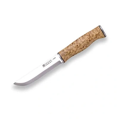 Abbildung von Joker Jagd und Montagemesser Sami CL128, braune Lederscheide, Gürtelmesser mit Griff aus lockigem Birkenholz, Klinge 12,3 cm Sandvik 14C28N, Werkzeug zum Angeln, Jagen, Camping Wandern
