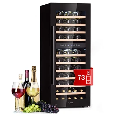Abbildung von Klarstein Weinkühlschrank Freistehend, Kleiner Getränkekühlschrank Schmal, 2 Zonen mit Glastür, Indoor/Outdoor Beersafe, Kühlschrank Klein LED Lichter, 5 18C, 73 Flaschen