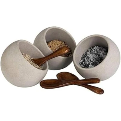 Abbildung von APS Servierset Moon 6 teiliges Set: 3 Melamin Schalen (Ø 8cm) + Löffel aus Holz, Schwarz