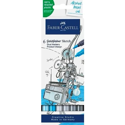 Abbildung von Faber Castell 164806 Goldfaber Sketch Marker Produktdesign, 6er Etui Alkohol mit Brush Spitze und Fineliner