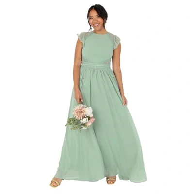 Abbildung von Maya Deluxe Women&#039;s Ladies Maxi Crew Neckline Short Flutter Sleeve Lace Trim A line for Wedding Guest Evening Prom Ball Gown Dress, Deep Sage, 42