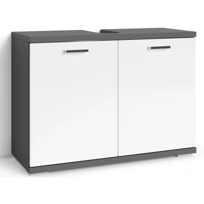 Abbildung von byLIVING Waschbeckenunterschrank NEBRASKA, Korpus Melamin Oberfläche in Sonoma Eiche, Türen MDF Hochglanz lackiert. Füße und Griff verchromt, Holzwerkstoff, Braun weiß, Breite 80 cm
