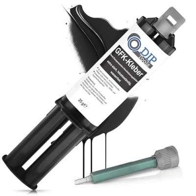Abbildung von DIP Tools GFK Kleber extra stark, hitzebeständig, wasserfest 2 Komponenten Kunststoff, Holz, Stein, Metall inkl. Mischdüsen schwarz (1x25ml)
