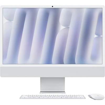 Abbildung von Apple iMac All in One Desktop Computer mit M4 Chip 10 Core CPU und GPU: 24&quot; Retina Display, 24 GB gemeinsamer Arbeitsspeicher, 512 SSD Speicher, passendes Zubehör; Silber
