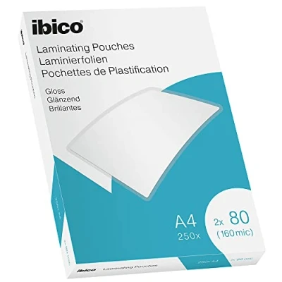 Abbildung von Ibico Laminierfolien A4 160 Mikron (2 x 80 mic), 250 Stück, Glänzende Heißlaminierfolien, Abgerundete Ecken, Ideal für Büro oder Schule, Transparent, Kristallklar, 628604