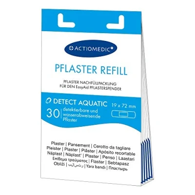 Abbildung von ACTIOMEDIC EasyAid DETECT AQUATIC detektierbare Pflaster Strips Nachfüllset, 30Stück, für Lebensmittelindustrie kompatibel mit Pflasterspender I Hypoallergene, wasserabweisende Pflaster, blau