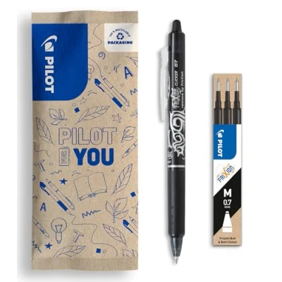 Abbildung von PILOT Set aus 1 FriXion Clicker + 3 Minen Radierbarer Stift mit Druckmechanik und wärmeempfindlicher Tinte Nachfüllbar komfortabel Schwarz Mittlere Spitze