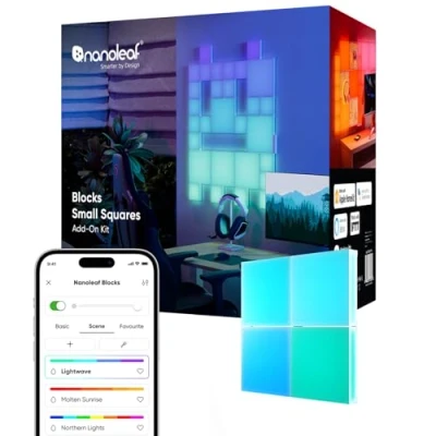 Abbildung von Nanoleaf Blocks Erweiterungspack 4 Mini Carrés (Starterpack nötig), RGBW farbwechselnde Wandlampe, einstellbare Farbtemperatur 1200K 6500K, diffus Stimmungslampe (11,6 x 11,6 cm pro Stück)