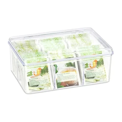 Abbildung von Relaxdays Teebox, 6 Fächer, 90 Teebeutel, Teedose mit Klappdeckel, Aromaschutz, HxBxT 9 x 21,5 14,5 cm, transparent