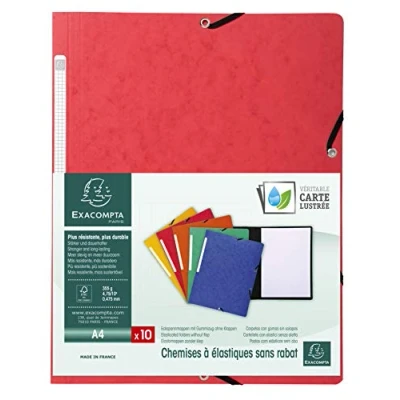 Abbildung von Exacompta 55415E 10er Pack Eckspanner Mappen. Aus extra starkem Manila Karton DIN A4 mit 2 Gummizügen und Rückenschild rot Sammelmappe Dokumentenmappe