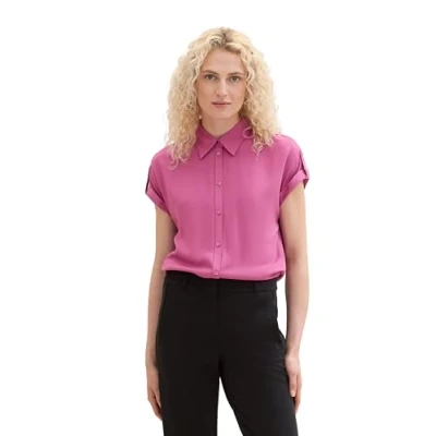 Abbildung von TOM TAILOR Damen Basic Kurzarm Hemdbluse, lush orchid, 42