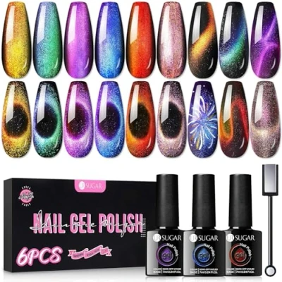 Abbildung von UR SUGAR UV Nagellack Magnetisch Set, Shellac Set 9D Cat Eye Gel Katzenauge Magnet Chamaeleon Gellack Glitzer Gelnägel Maniküre Geschenk 6 Farben