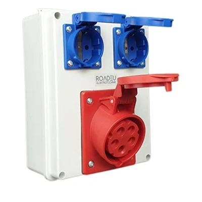 Abbildung von RoadEu Wandverteiler 16A 5P CEE Steckdose mit 2X Schuko 230V. Baustromverteiler 16A, PCE Steckdosen. Aufputz Verteilerkasten. Wandsteckdose Innen und Außen