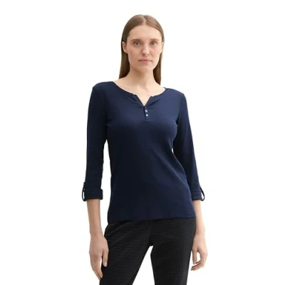 Abbildung von TOM TAILOR Damen Henley Longsleeve mit Streifen aus Bio Baumwolle, 10668 Sky Captain Blue, S