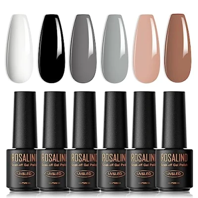 Abbildung von ROSALIND UV Nagellack, 6 Farben Mini Gel Nagellack Set Weiß Schwarz Nackt Braun Shellac Soak Off Nail Polish French Manicure für Frauen Mutter Geschenkset DIY zu Hause